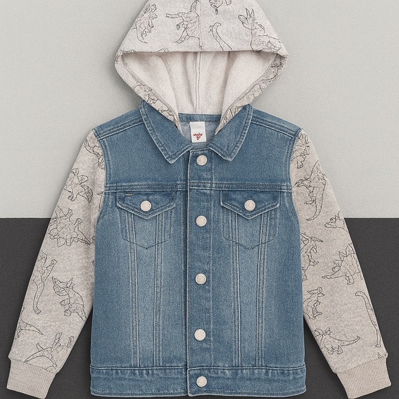 fabkids Other - FabKids Denim Jacket Hoodie – Boys Size 6/7 – Dino Sleeve Zip-Up